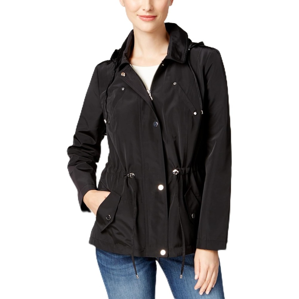 Charter Club Women's Black Water-Resistant Hooded Anorak Jacket Full Zip Snaps L